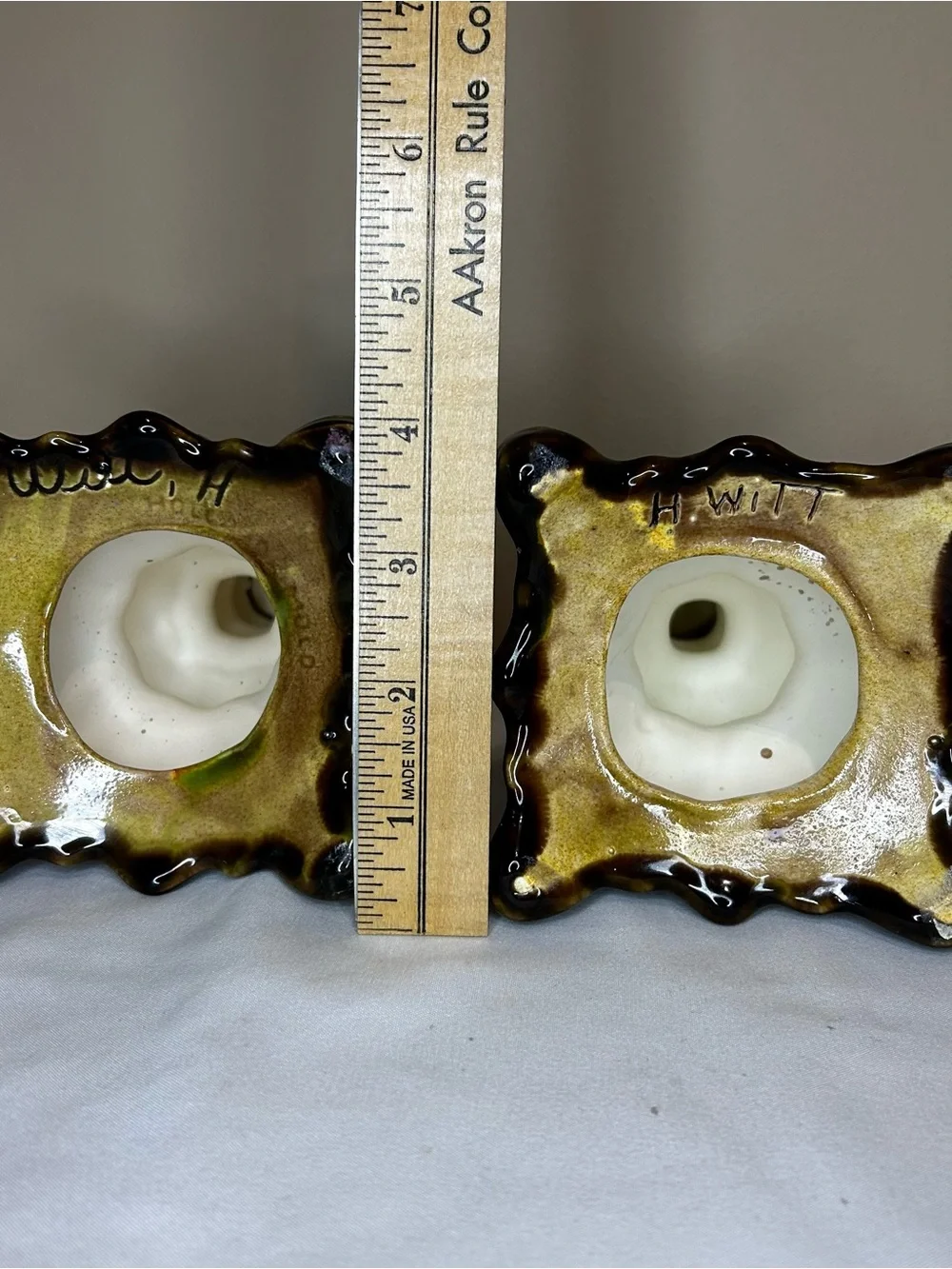 Green & Brown Glazed Decorative Ceramic Candlestick Pair. Handcrafted.